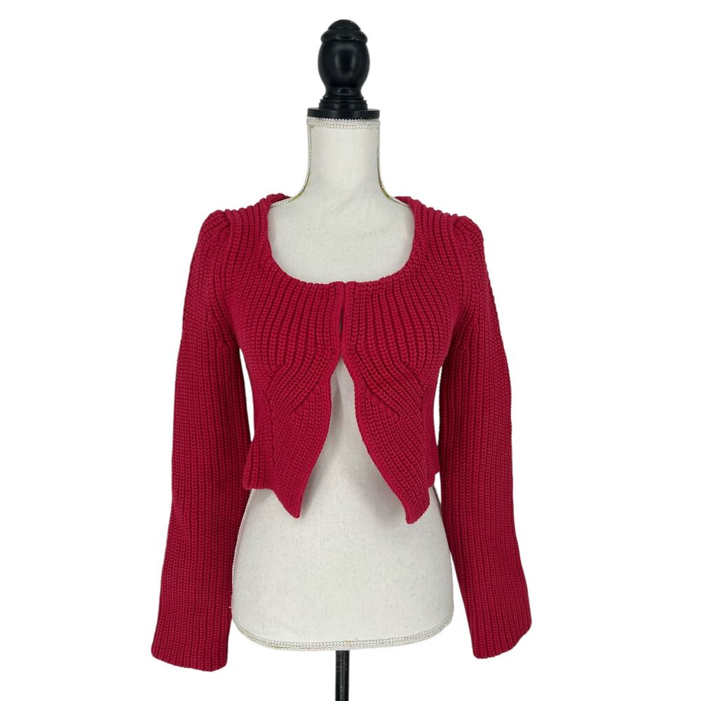 Recto Red Knit Chunky Scoop-Neck Crop Cardigan - Picture 3 of 14